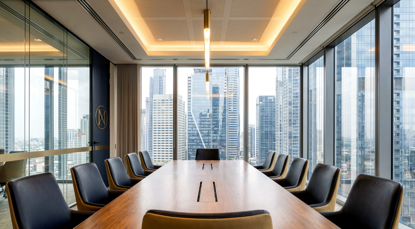 NexorPoint boardroom seating overlooking the city skyline